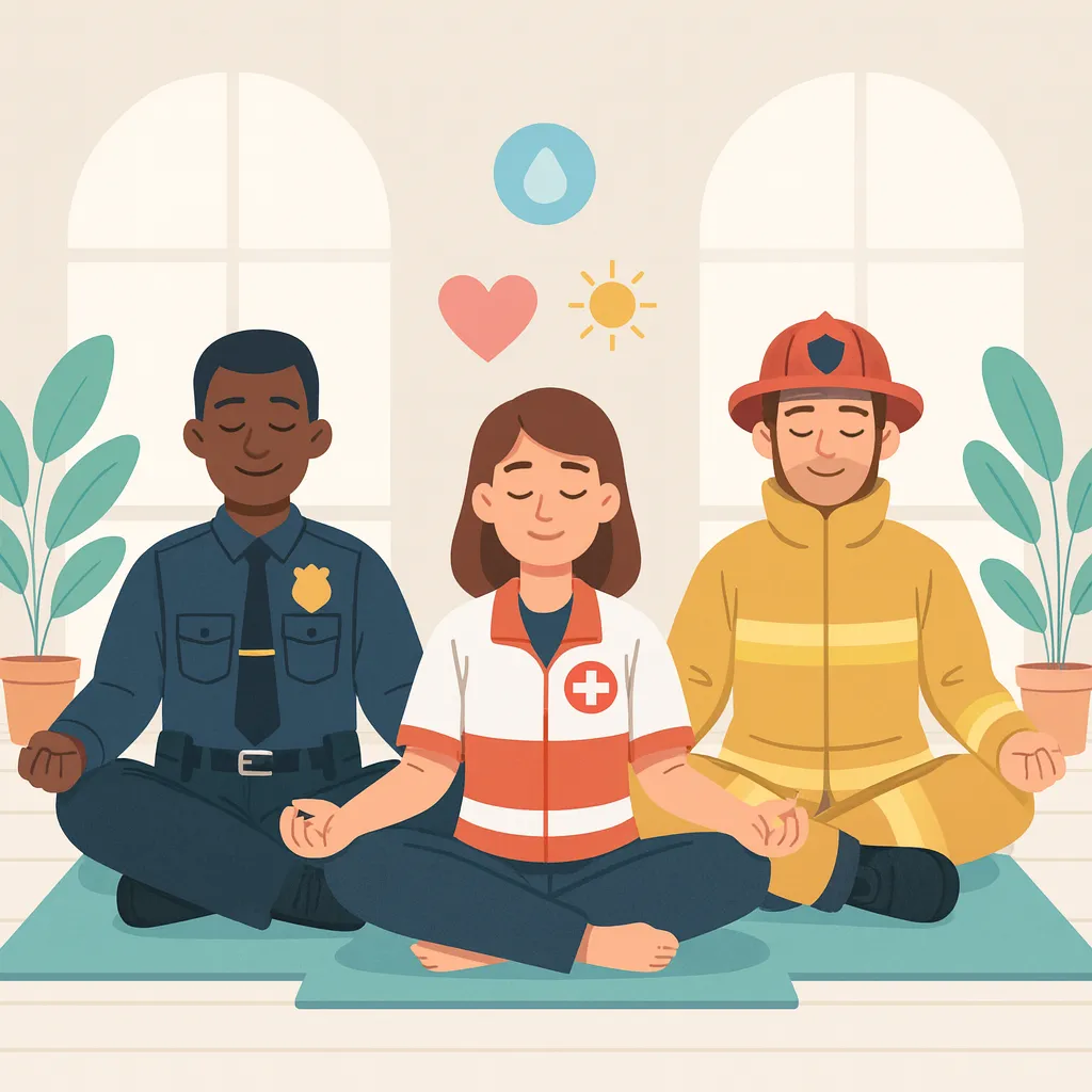 Illustration of a smiling health professional meditating on a yoga mat, surrounded by wellness icons and soft pastel plants, in a bright, airy studio. The drawing is modern, pastel, and calming.