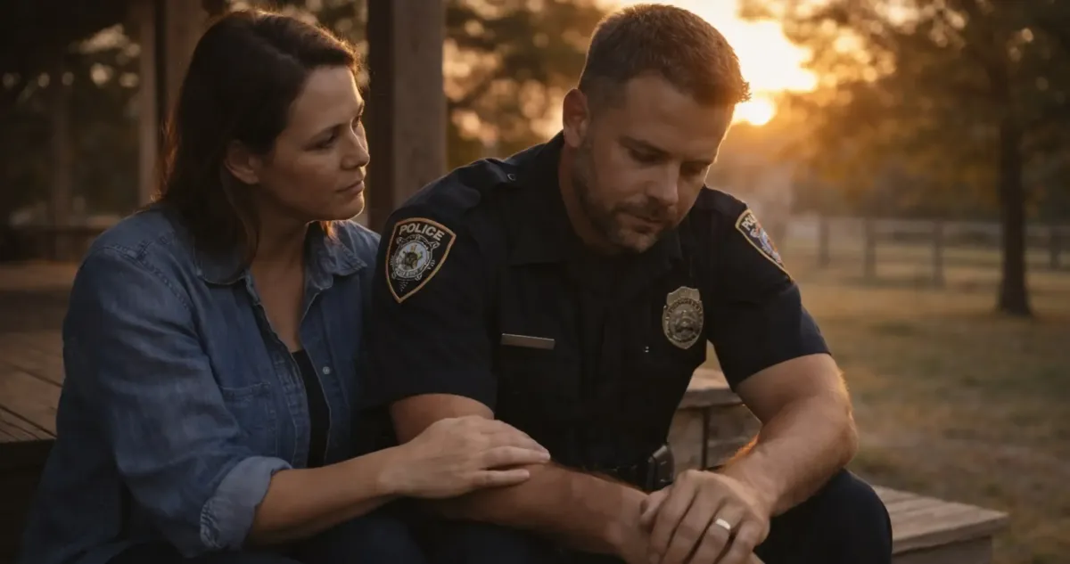 Family member offering quiet support to a Texas first responder during sunset at Guardian Grounds Ranch