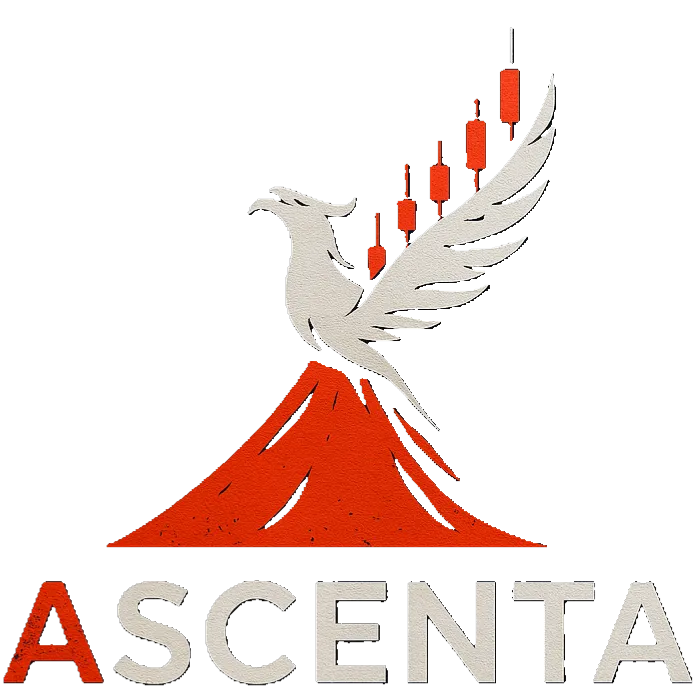 Alcenta Trading Academy logo: Phoenix rising from chart