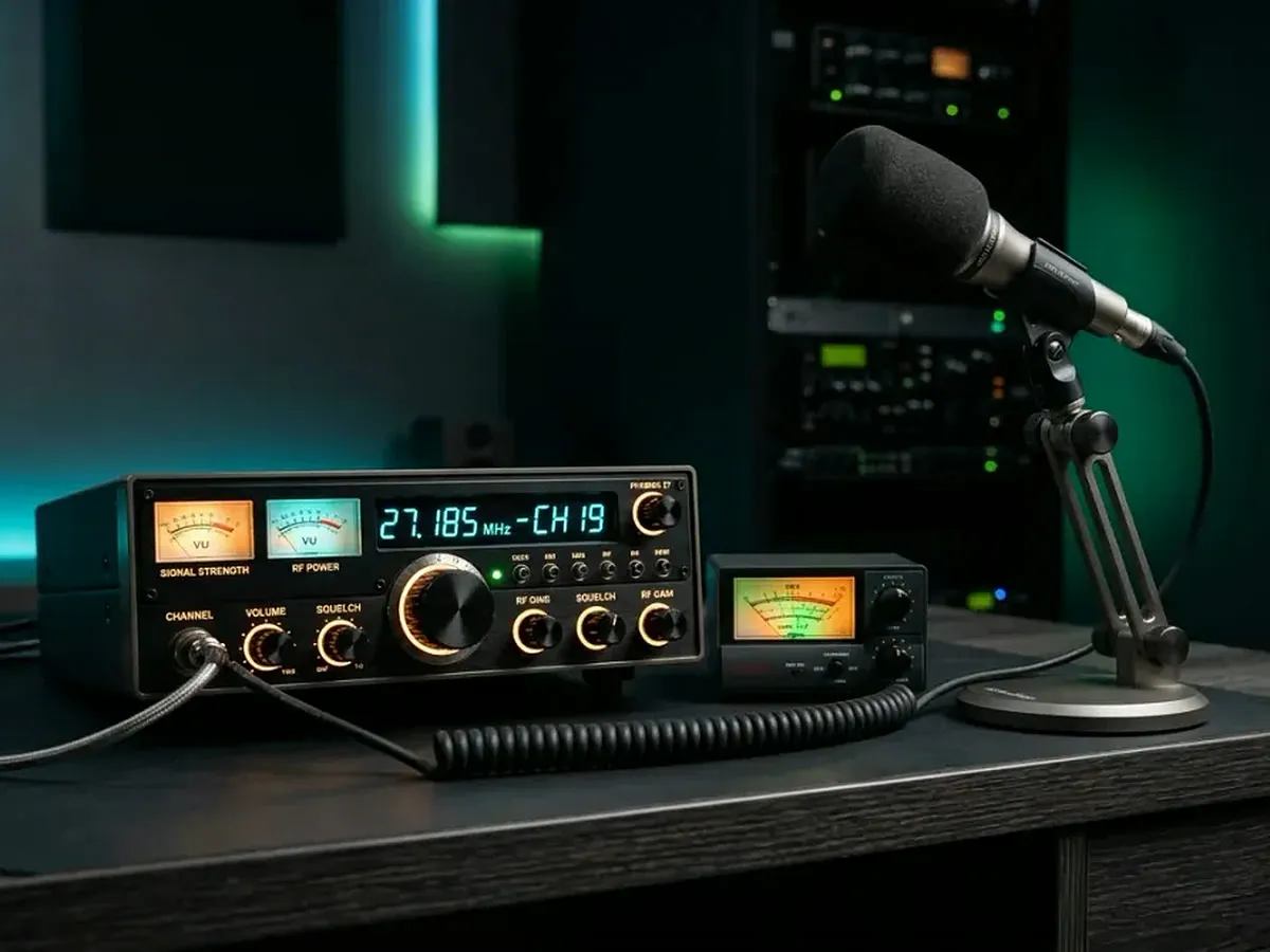 Estación moderna y profesional de radio CB en escritorio oscuro con diales iluminados, micrófono y medidores (estética tecnológica cinematográfica)