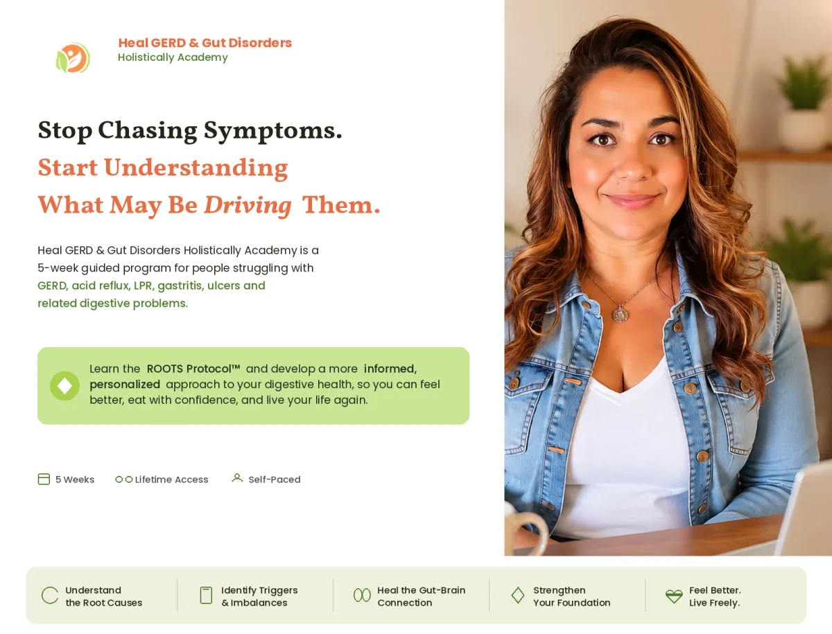 Astrid, founder of Heal GERD & Gut Disorders Holistically Academy, hero banner for a 5-week holistic program to stop chasing GERD and gut symptoms and start understanding their root cause