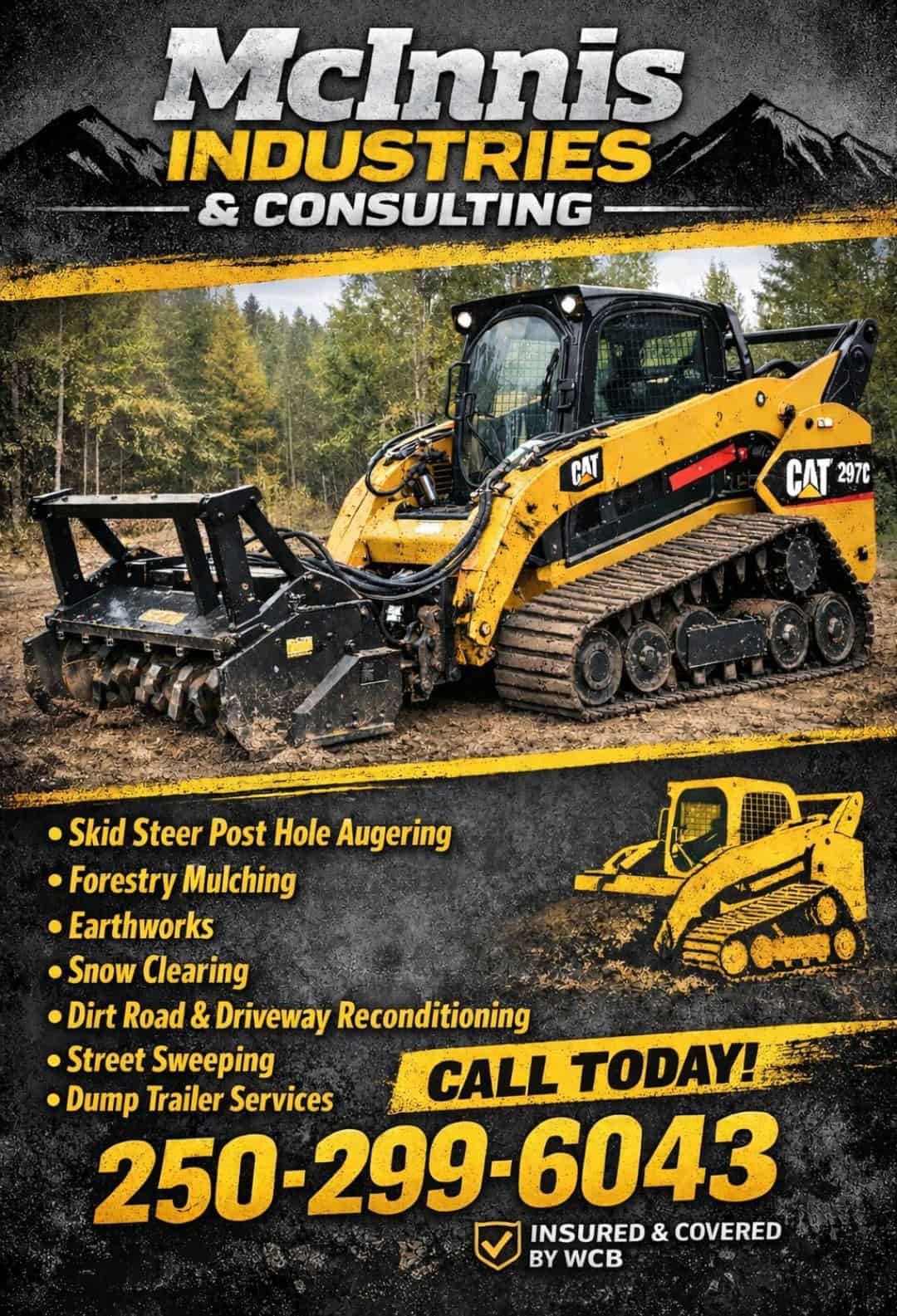 McInnis Industries equipment services including post hole augering, forestry mulching, snow clearing, and earthworks
