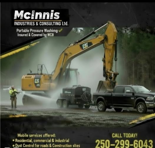 McInnis Industries mobile pressure washing services with self-contained water trailer, diesel heater, and fire suppression capability for residential, commercial, and industrial applications