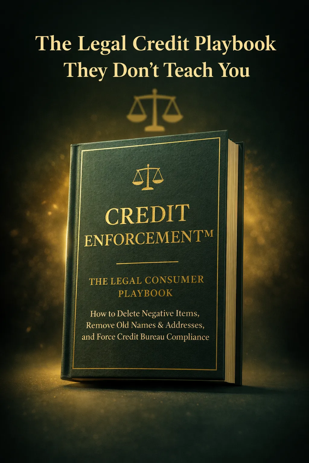 Premium ebook mockup titled 'The Legal Consumer Playbook' in metallic 24K gold foil on a deep forest green cover.