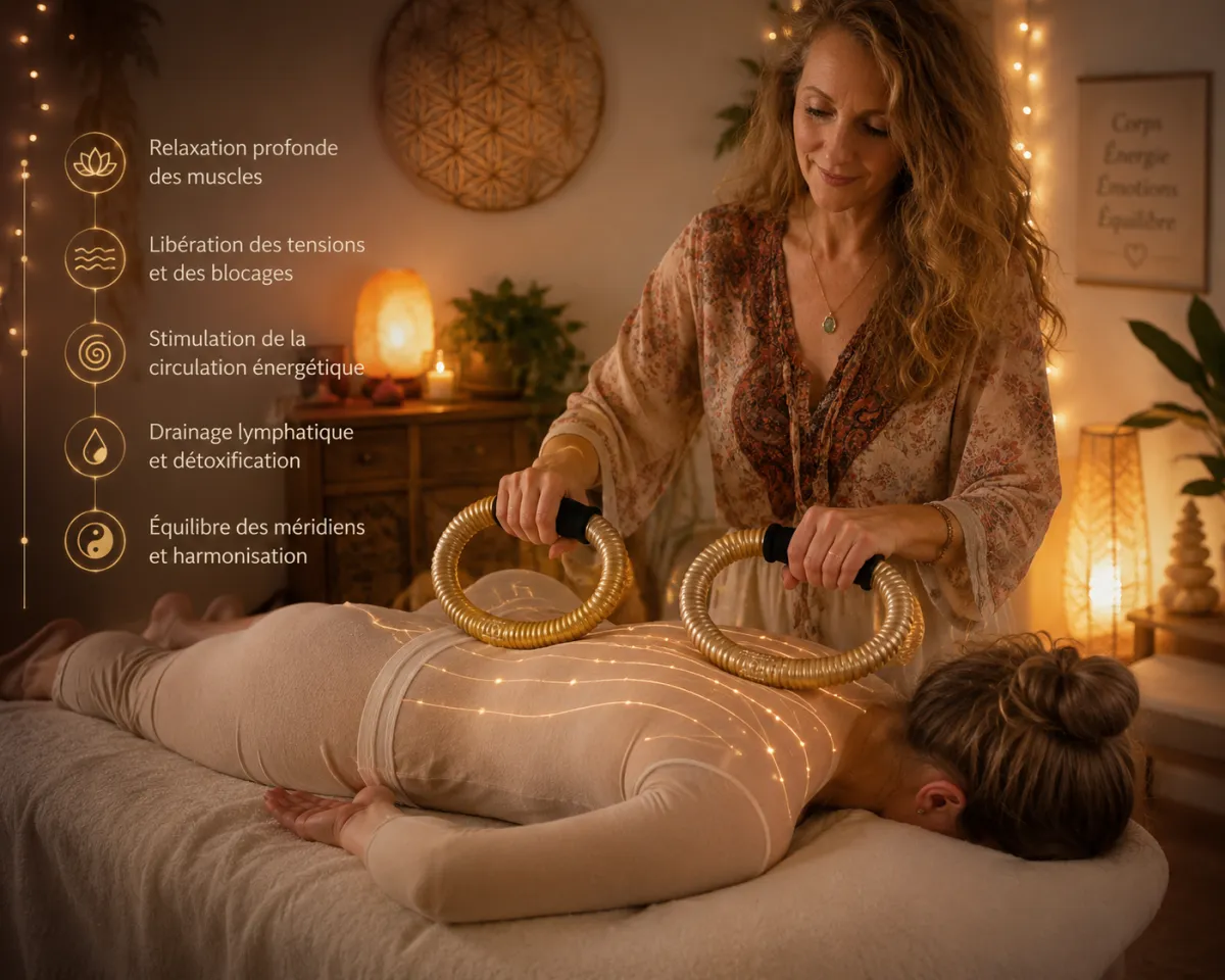 Clothed back massage using rolling vibration rings moving along the back meridians; rhythmic cat-purr-like vibration; warm palette of gold, prune, ivory, and bordeaux; no green background