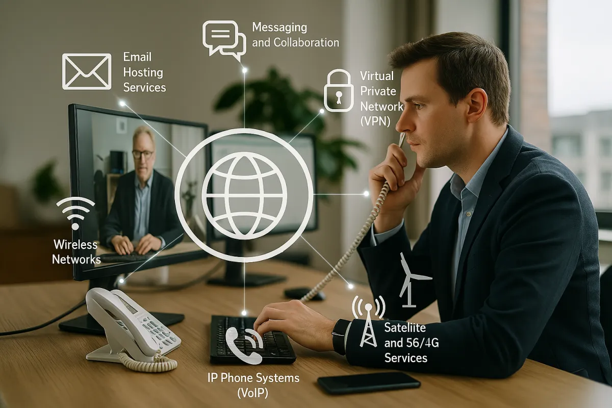 Email Hosting Services.  Messaging and Collaboration.  High Speed Internet. Virtual Private Network (VPN) , Mobile Connectivity. Satellite and 5G/4G Services.  Wireless Networks, IP Phone Systems (VoIP)