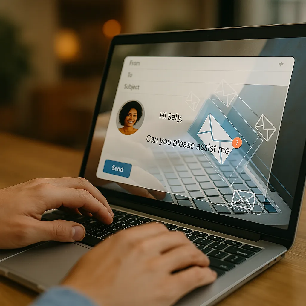 a person typing on a laptop with incoming emails
