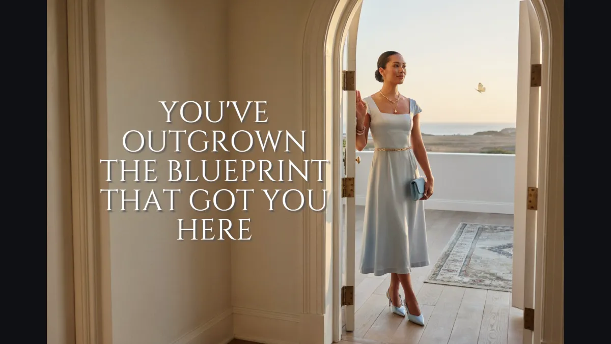 A sophisticated image of a confident, stylish female leader standing at an open doorway overlooking a bright horizon. The doorway symbolises leaving behind an old chapter and stepping into greater influence, visibility, and purpose. Overlay text: