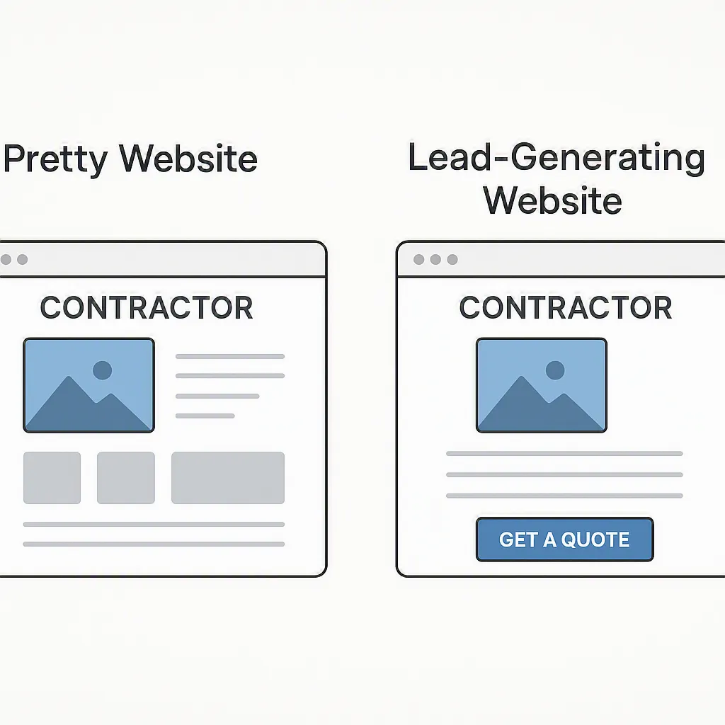 Comparison of a professional-looking contractor website versus a website designed to generate leads and customers.