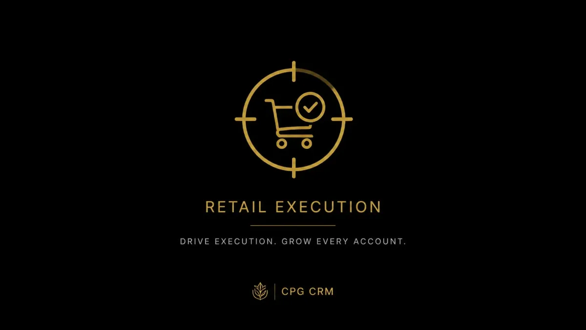 Minimal retail execution icon and simplified CPG pipeline on a black background with metallic gold accents.