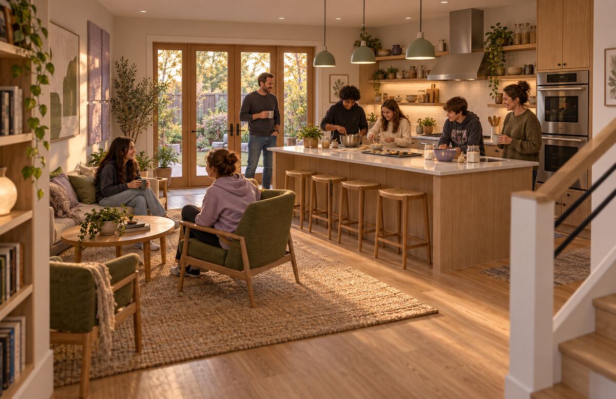 Concept rendering: teens and hosts in the Ant’s Place community room and teaching kitchen