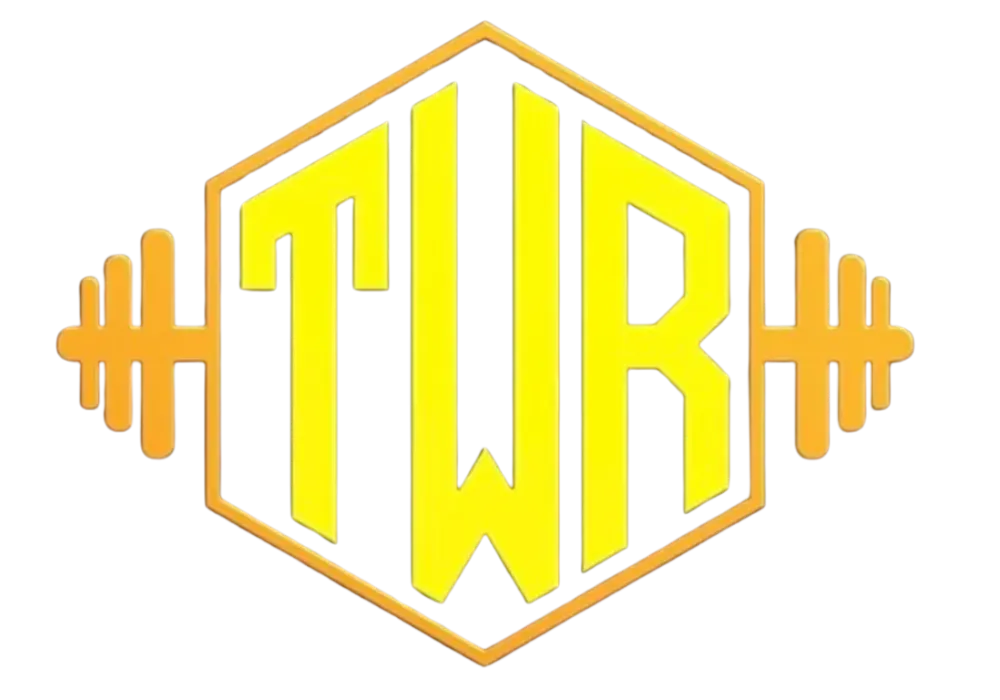 Train With Reuben logo featuring bold yellow letters “TWR” inside a gold hexagon outlined with a barbell design on both sides, symbolizing strength, fitness, and personal training excellence.