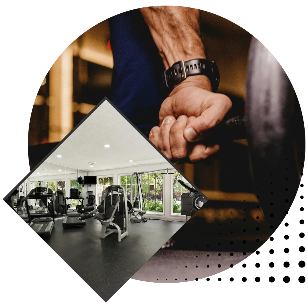 Close-up of a man gripping a barbell in a gym, showcasing strength and focus, overlaid with an image of a clean, modern fitness facility with treadmills and weight machines, representing Reuben Weiner Fitness’ commitment to personalized training and high-performance results in Central Florida.
