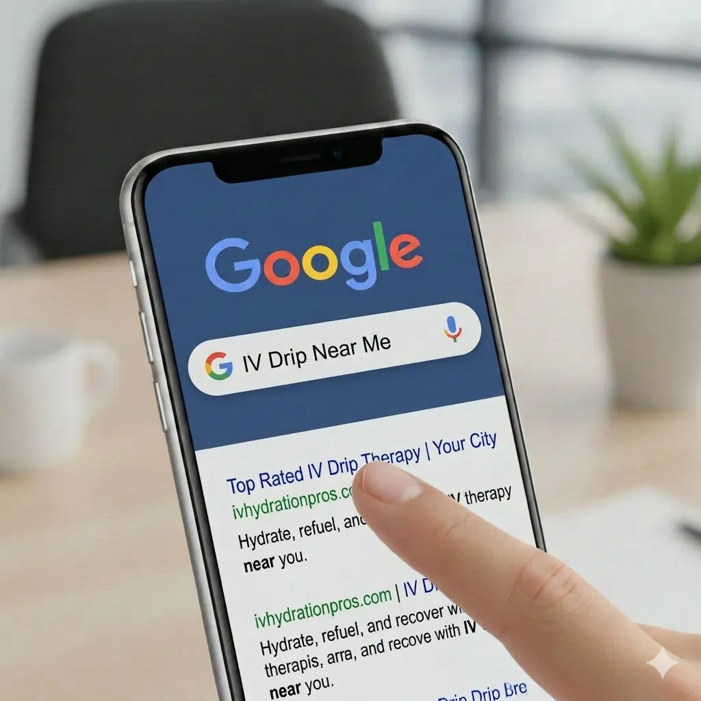 Smartphone Google Search mockup demonstrating real patient search intent and medical clinic call conversion