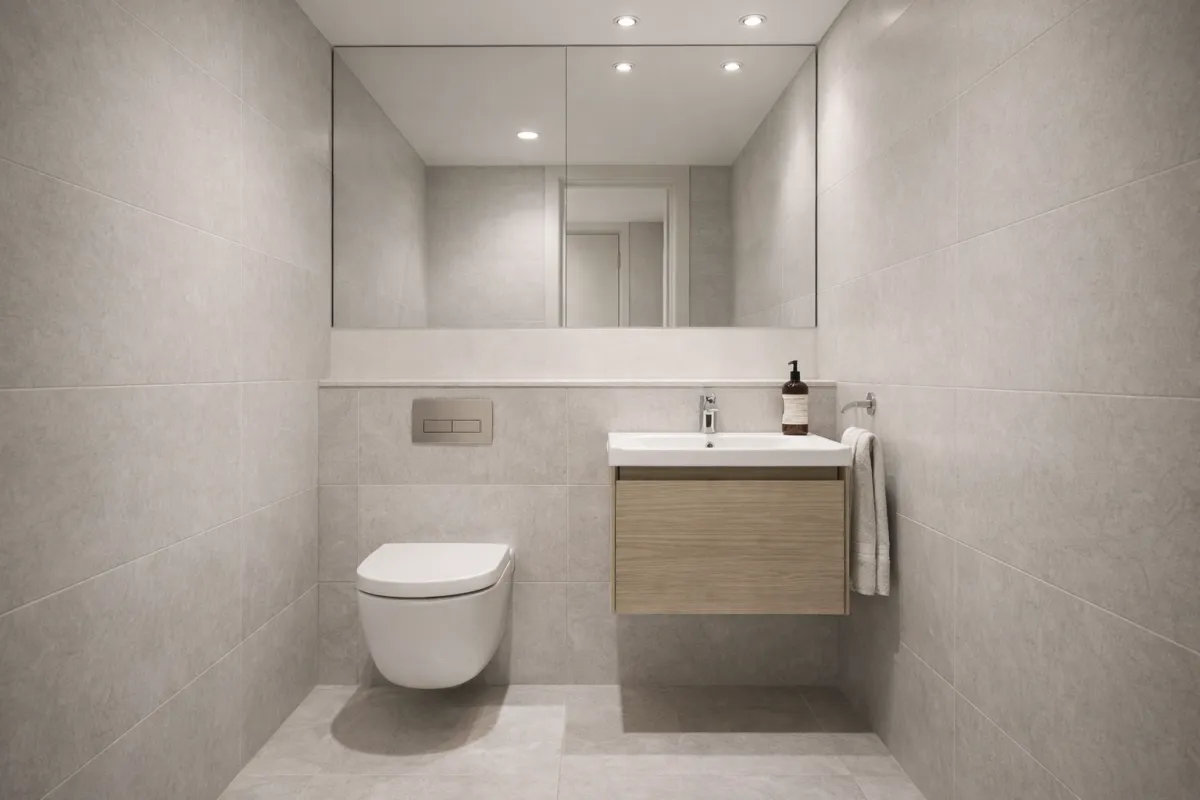 Small bathroom renovation Glasgow; PJTC utilised space-saving solutions including a wall-hung toilet with a concealed cistern, a compact floating vanity, and large mirrored cabinets to maximise light and space.