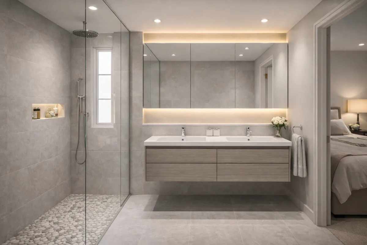 En suite bathroom makeover Glasgow; PJTC upgraded this master en suite with a wide double-sink floating vanity, a large illuminated mirror cabinet, and a spacious walk-in shower with warm LED accent lighting.