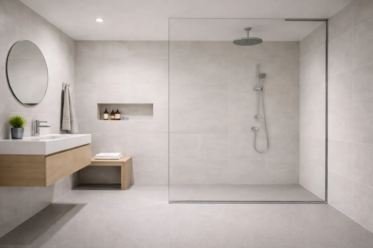 Wet room installation Glasgow; PJTC modernised this space with a level-access walk-in shower, a large rainfall showerhead, recessed storage niches, and a floating timber vanity for a seamless, contemporary finish.