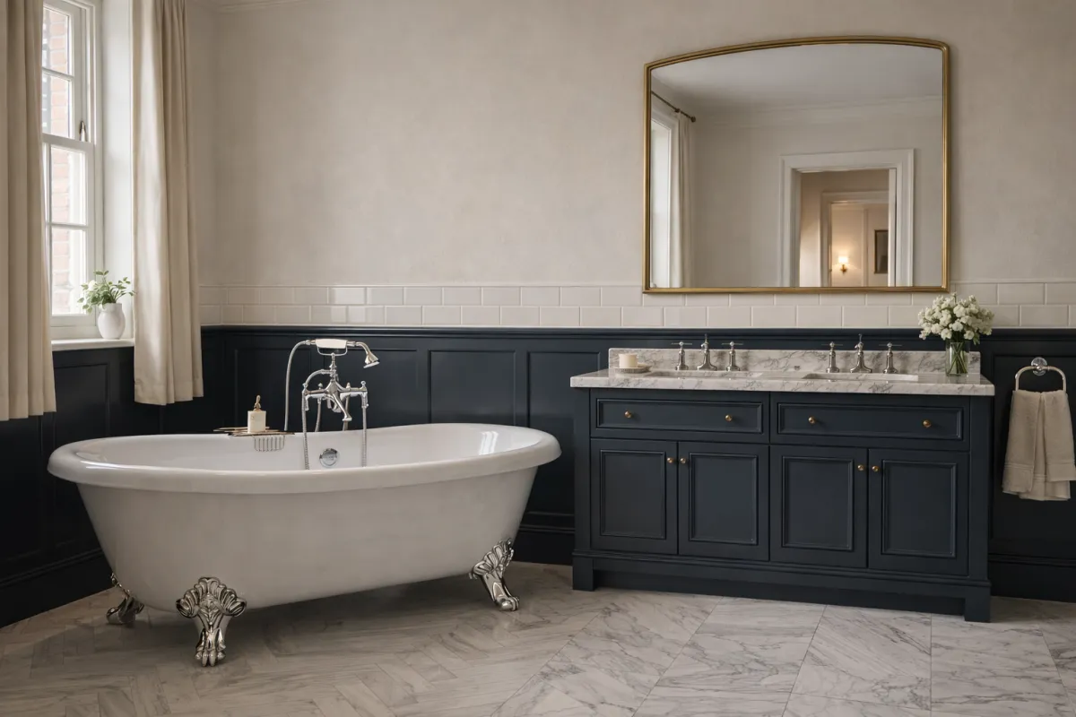 Traditional bathroom renovation Glasgow by PJTC; featuring a luxury freestanding clawfoot bath, navy blue shaker-style double vanity unit, and period-style chrome bridge taps with marble-effect floor tiling.