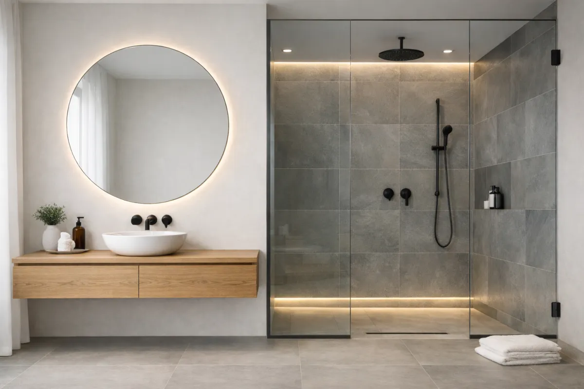 Modern bathroom refurbishment Glasgow; PJTC fitted a minimalist floating oak vanity, large-format grey stone wall tiles, and a frameless glass walk-in shower with recessed matte black fixtures.