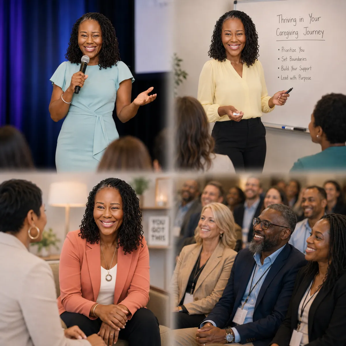 4-panel composite gallery image of Candace Madison in keynote, workshop facilitation, audience connection, and impact moments.