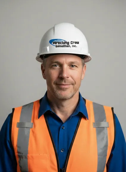 Portrait of a RedRock Demolition project manager, helmet and safety vest, representing trust and local expertise.