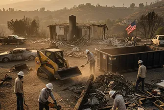Pool demolition scene: excavator breaking concrete pool edge, dusty midday sun, protective tarps and crew with PPE, photorealistic style showing controlled machinery and clean work zones.