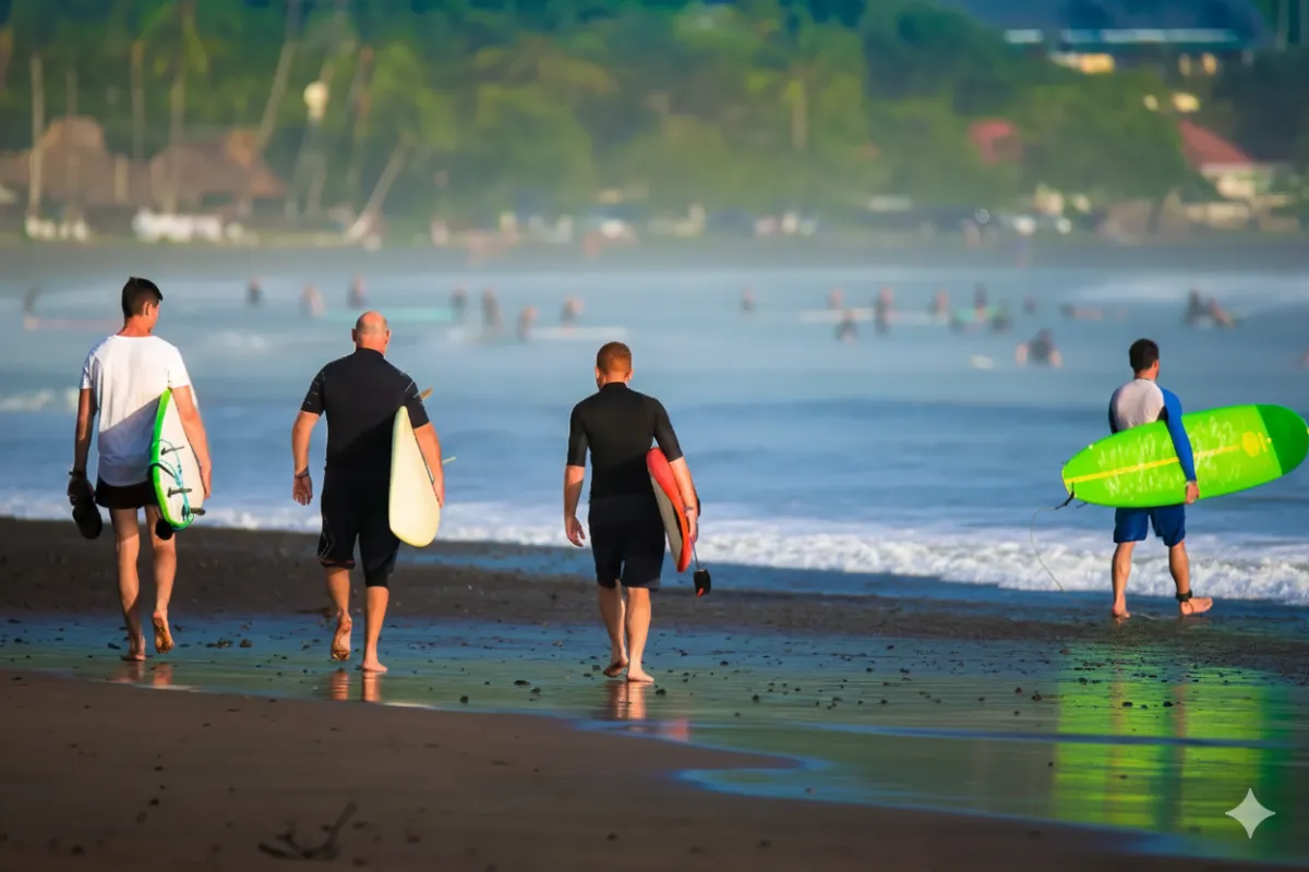 Surfers walking on a tropical beach near Jacó, a popular day trip destination two hours from our mountain home base.