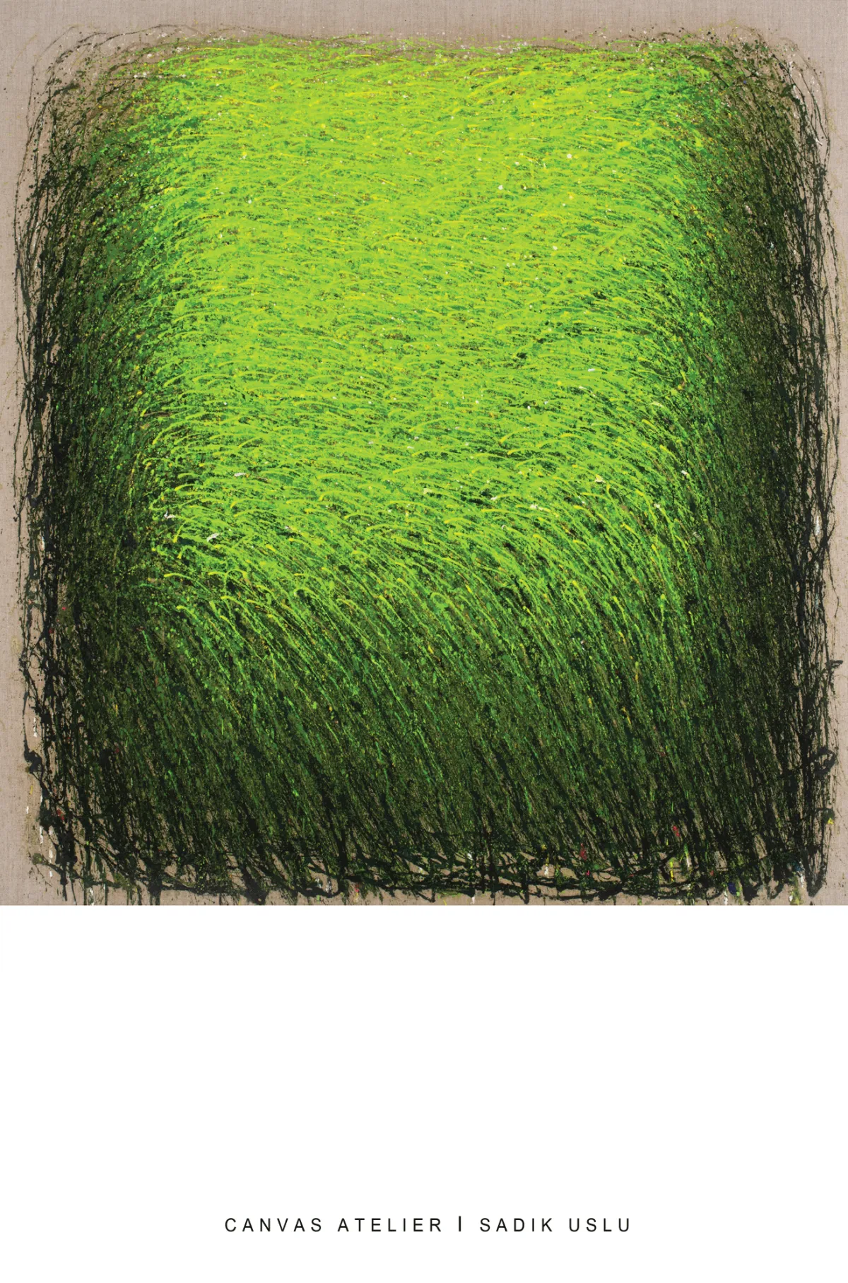 „Feld in Maigrün“ (Sadik Uslu): Abstraktes Grünfeld mit vertikalen Bahnen und feinen Bogenstrukturen; helles Zentrum, dunklere Ränder, glatte kaschierte Oberfläche.