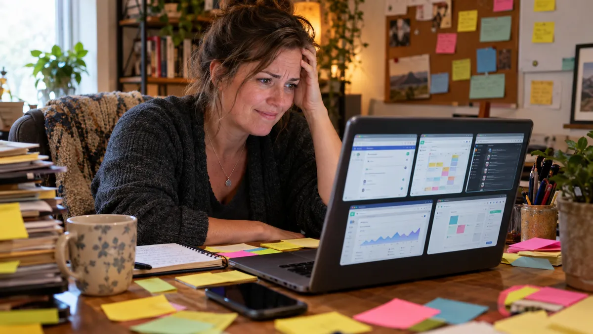 A small business owner looking overwhelmed at a desk surrounded by multiple disconnected software tools and browser tabs