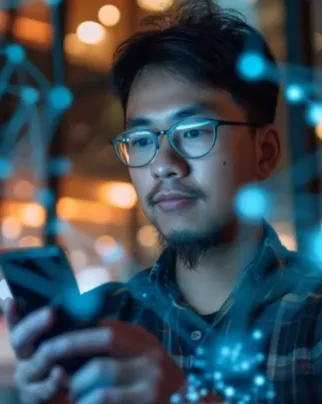 image of man looking at mobile phone with technology dots in foreground