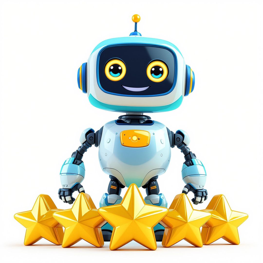 AI robot in front of a 5 star business review