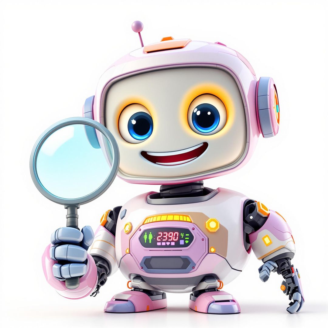 AI robot working holding a magnifying glass searching for business data