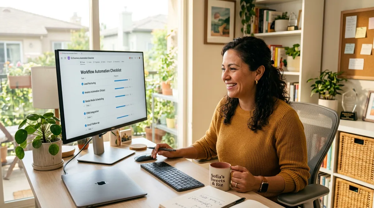 Cheerful Latina woman small business owner smiling at a workflow automation checklist on a monitor in a bright sunlit home office