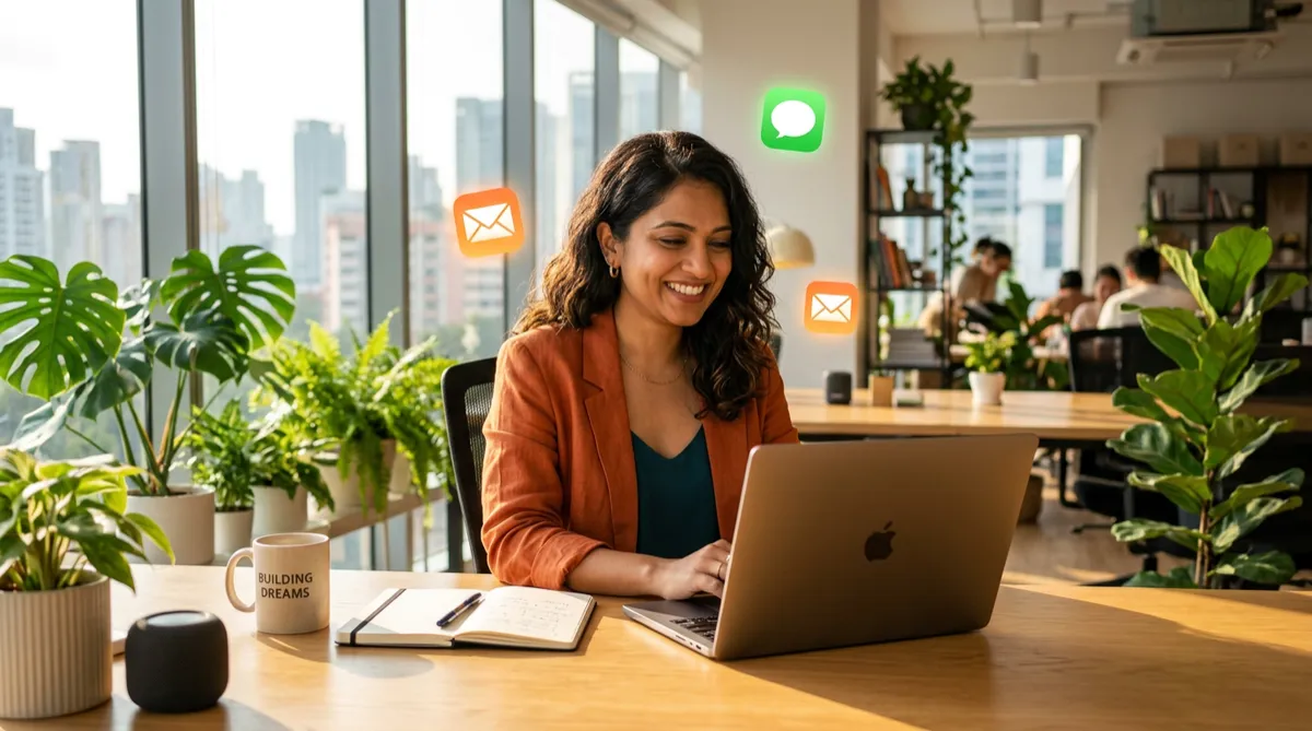 South Asian woman entrepreneur smiling at her laptop as email and text notification icons surround her in a bright sunlit workspace