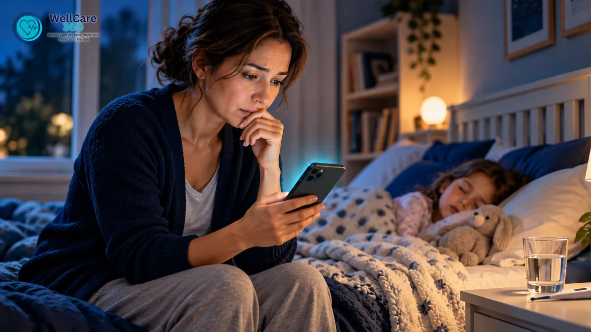 Concerned mother checks her phone while her sick child rests in bed at night.