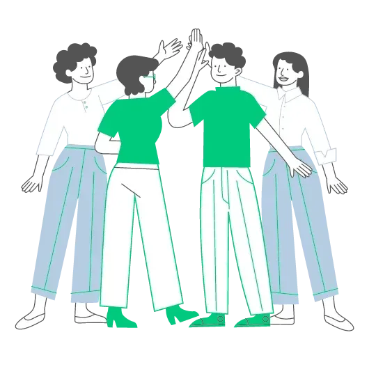 Illustration of four entrepreneurs high fiving each other.