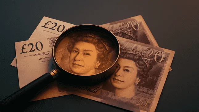 £20 notes and a magnifying glass