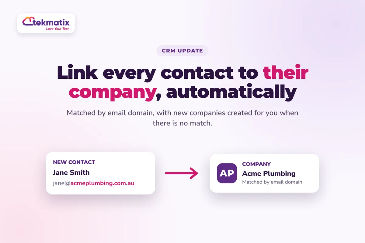 How do I automatically link contacts to their company on Tekmatix?