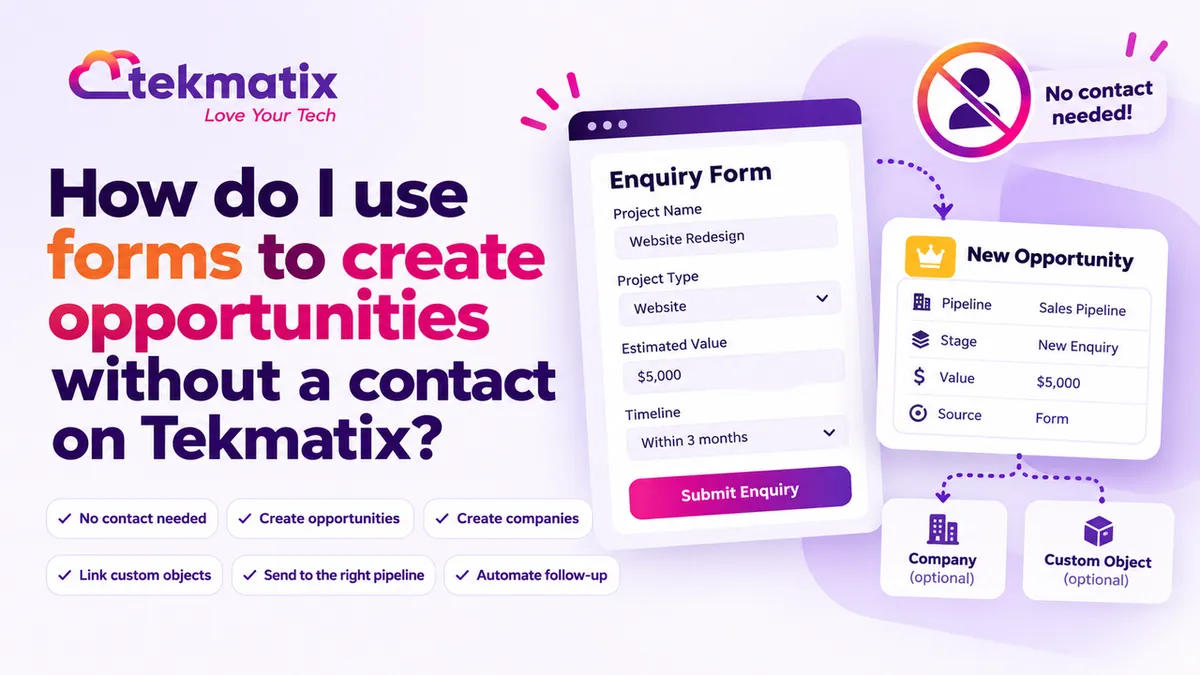 How do I use forms to create opportunities without a contact on Tekmatix?