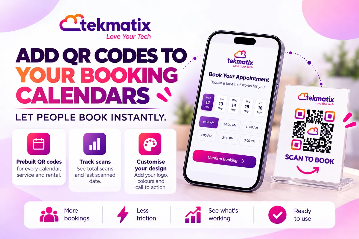 Tekmatix QR codes for booking calendars, services and rentals