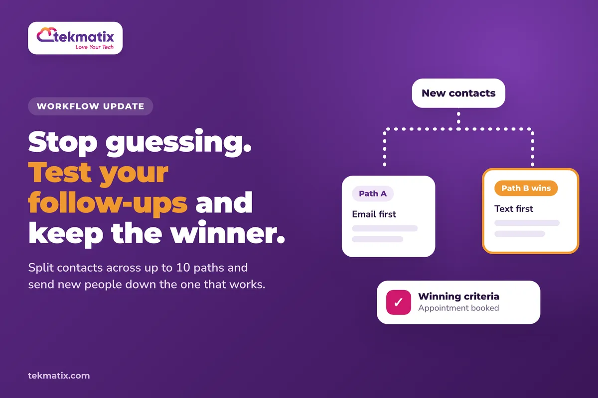 Tekmatix workflow A/B Test action splitting contacts across paths to A/B test automations