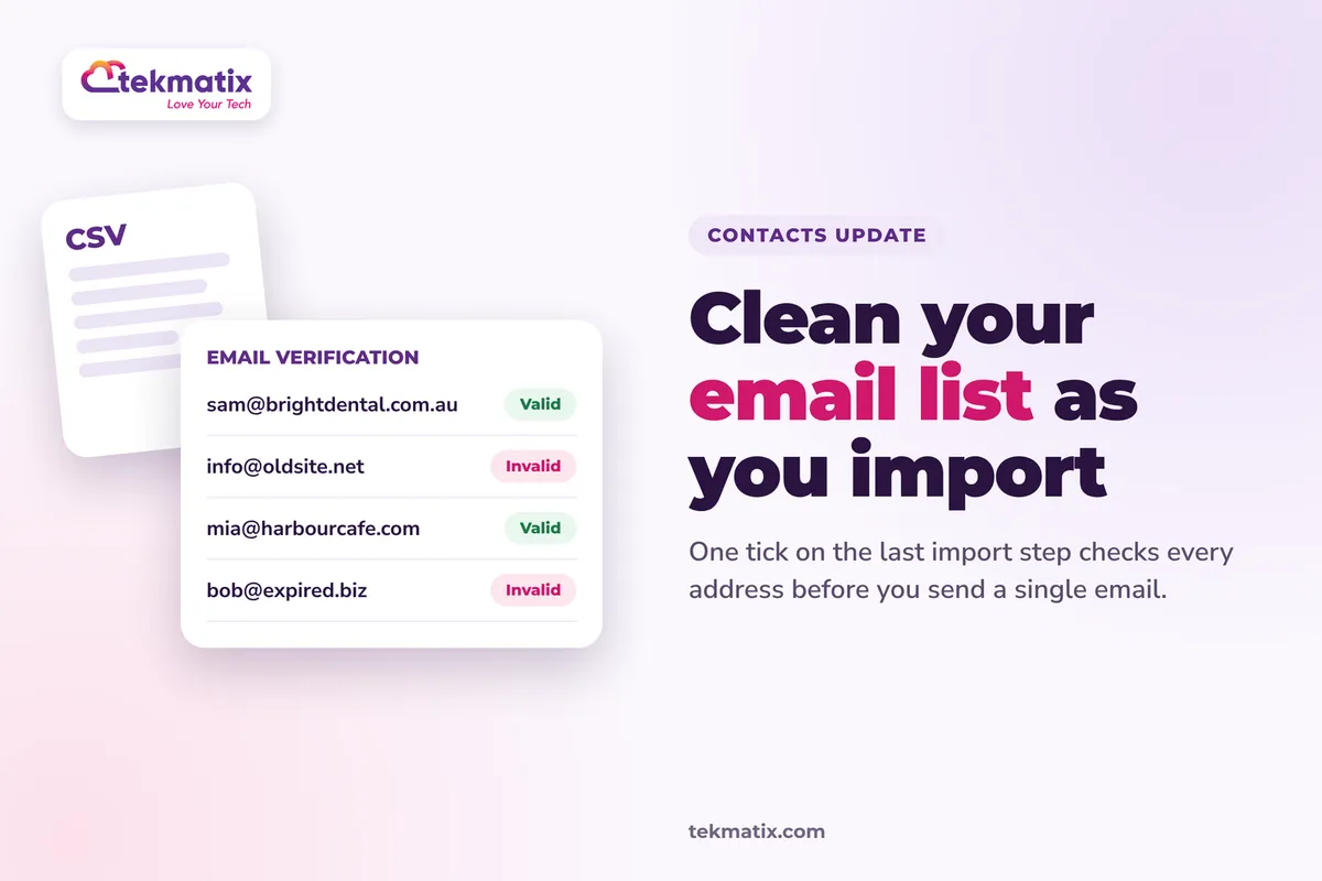 How do I clean my email list when I import contacts on Tekmatix?