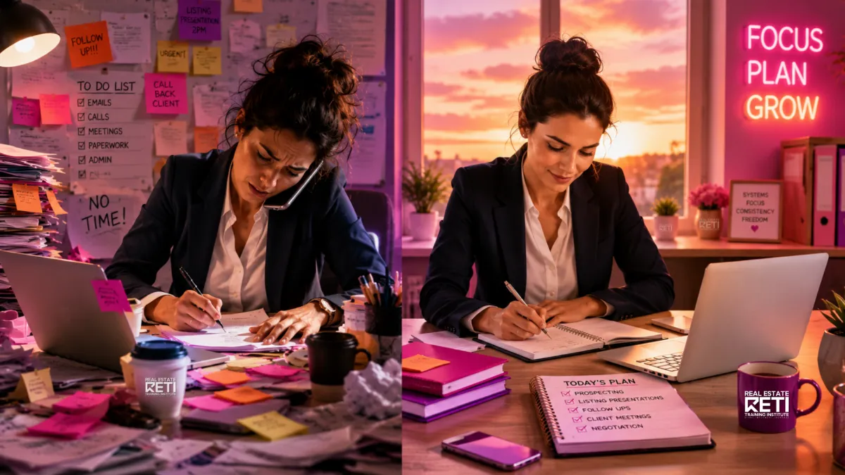 Split workspace showing a stressed real estate agent overwhelmed by paperwork and distractions on one side, contrasted with a calm, organised estate agent working efficiently at a clean desk on the other, illustrating the difference between being busy and being productive.