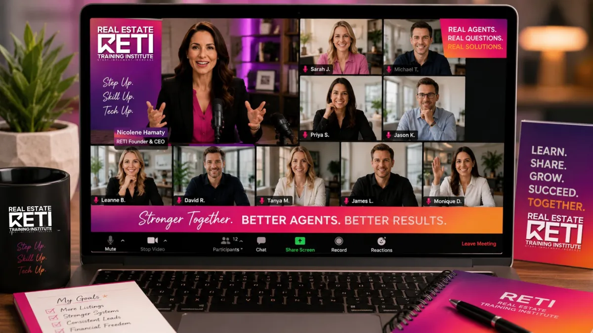Real estate agents participating in a live online mastermind session with Nicolene Hamaty, asking questions, sharing ideas and growing their businesses together.