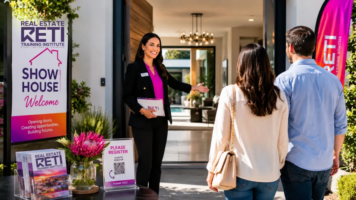 Professional real estate agent welcoming prospective buyers to a modern show house with branded signage, brochures and a warm, inviting entrance.
