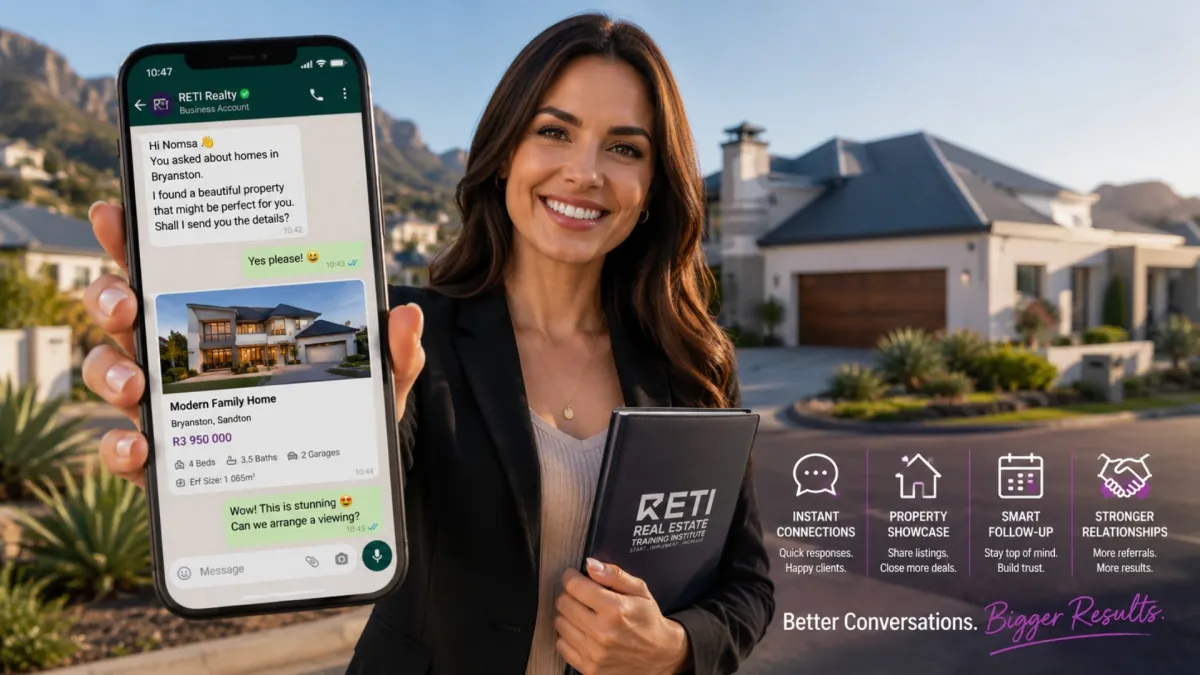 Real estate agent using WhatsApp Business to communicate with clients and market property listings