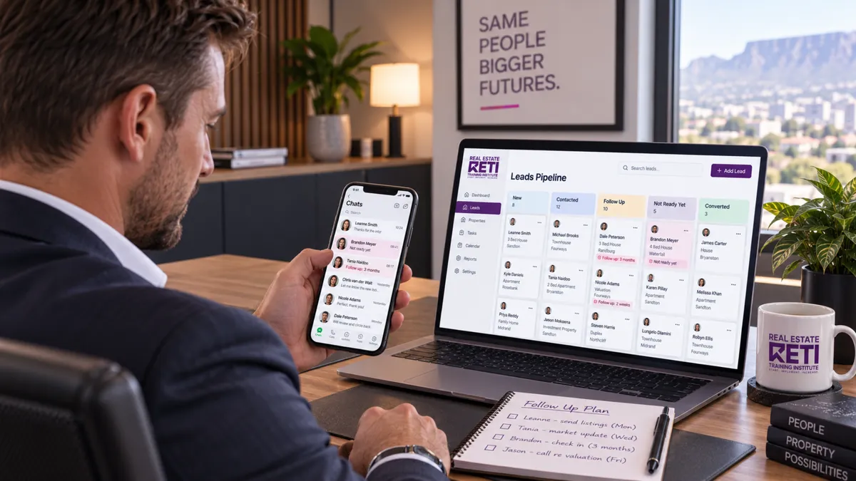 Real estate agent managing client follow-up and nurturing leads on a smartphone.