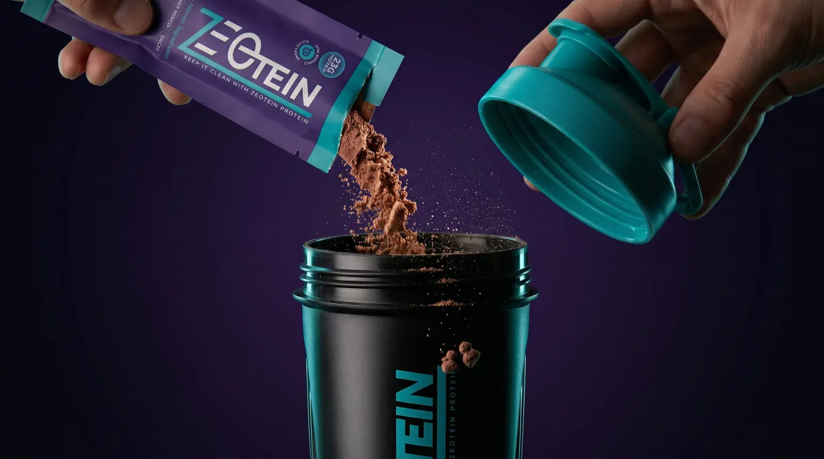 Zeotein product stick pack standing dramatically with teal rim lighting