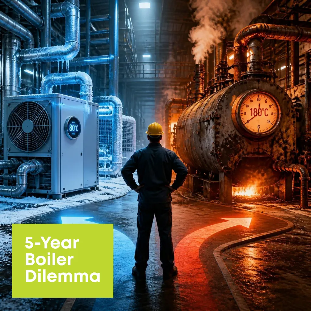 Industrial engineer standing between a modern heat pump and an old gas boiler, symbolising the shift from fossil‑fuel process heat to efficient electrification under 100°C in manufacturing plants.