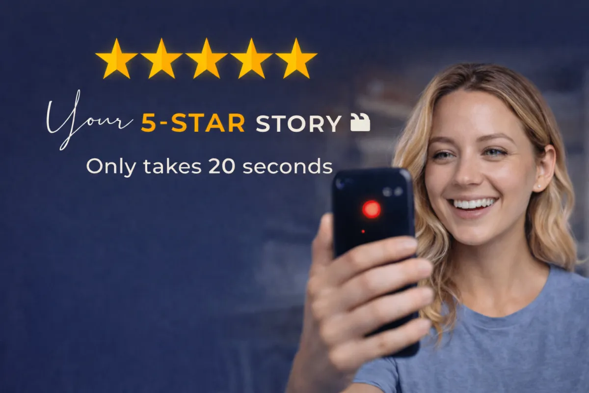 Happy customer recording a video testimonial for a home service business